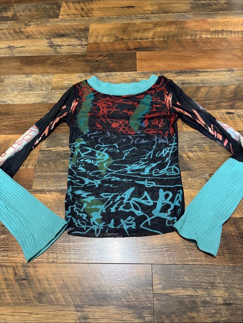 Y2K Cyber Grunge Graffiti Mesh Top w/ Teal Ribbed Cuffs
